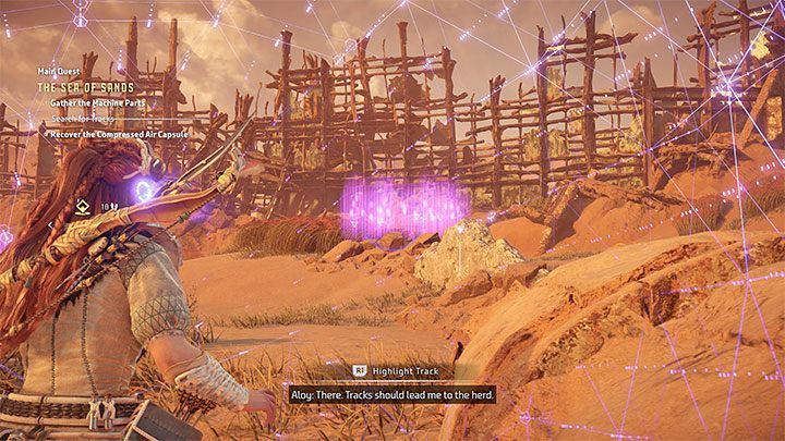 Na początek wyruszcie na poszukiwania stada maszyn - musicie skierować się do obszaru na południe od głównej części ruin - Horizon Forbidden West: Morze piasku (The Sea of Sands) - solucja, opis przejścia - Horizon Forbidden West - poradnik do gry
