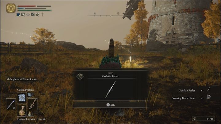 Natomiast po pokonaniu go w lokacji Wzgórza młynarzy (Windmill Heights) otrzymacie jego broń, Obieracz boskiej skóry (Godskin Peeler) oraz czar Oczyszczający czarny płomień (Scouring Black Flame) - Elden Ring: Apostoł boskiej skóry (Godskin Apostle) - boss, jak pokonać? - Elden Ring - poradnik do gry