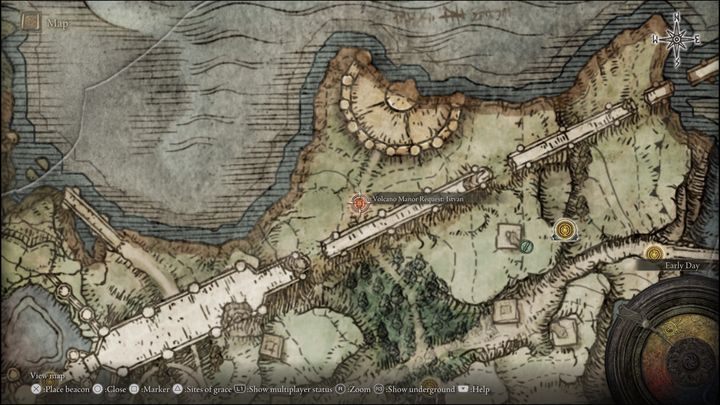 Po dołączeniu do Wulkanicznego dworu (Volcano Manor) i otrzymaniu listu ze zleceniem zabójstwa, udajcie się we wskazane na obrazku miejsce - Elden Ring: Czary i Inkantacje (Góra Gelmir) - lista wszystkich - Elden Ring - poradnik do gry