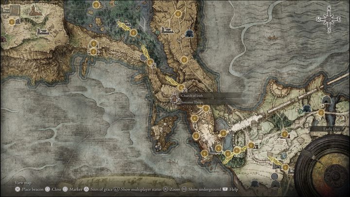Niedaleko za Zamkiem Burzowego Całunu (Stormveil Castle), po lewej stronie znajduje się Kościół Irith (Church of Irith) w Jeziornej Liurnii (Liurnia of the Lakes) - Elden Ring: Thops - solucja, opis przejścia - Elden Ring - poradnik do gry