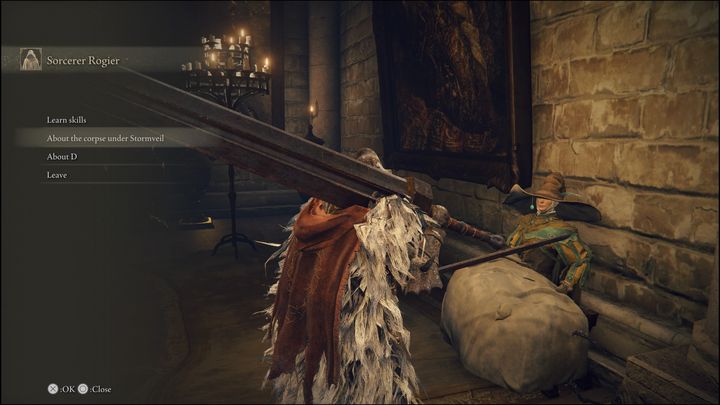 Następnie wróćcie do Rogiera i zapytajcie go o zwłoki pod Zamkiem Burzowego Całunu (Stormveil Castle) - Elden Ring: Czarodziej Rogier (Sorcerer Rogier) - solucja, opis przejścia - Elden Ring - poradnik do gry