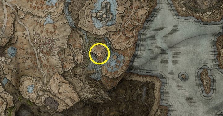 Zaczynając od miejsca łaski Wioska Bonny, idźcie na wschód przez wiszący most - Shadow of the Erdtree: Wszystkie nowe bronie mapa - Elden Ring - poradnik do gry