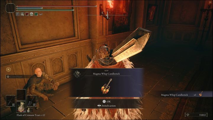 Po wyczerpaniu dialogu z Łatą (Patches) otrzymacie natomiast Magmowy bicz w kształcie świecznika (Magma Whip Candlestick) - Elden Ring: Tanith / Wulkaniczny Dwór (Volcano Manor) - solucja, opis przejścia - Elden Ring - poradnik do gry