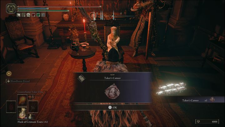 Po wypełnieniu wszystkich zleceń, udajcie się do Tanith, aby otrzymać nowy medalion, Kamea Szabrownika (Takers Cameo) - Elden Ring: Tanith / Wulkaniczny Dwór (Volcano Manor) - solucja, opis przejścia - Elden Ring - poradnik do gry