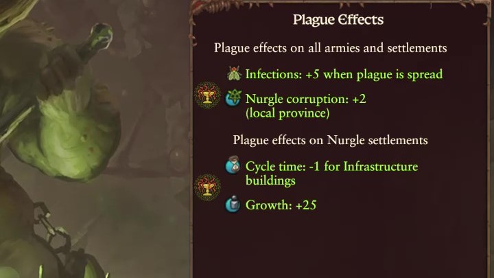 Z prawej strony natomiast możecie ujrzeć ekran, który zapewnia podsumowanie tego, jakie efekty ma tworzona przez Was zaraza - Total War Warhammer 3: Nurgle - unikalne mechaniki - Total War Warhammer 3 - poradnik do gry