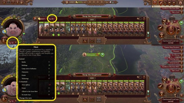 Jeżeli wybierzecie armię, to obok kosztów jej utrzymania zobaczycie ikonę mięsa - Total War Warhammer 3: Królestwa ogrów - unikalne mechaniki - Total War Warhammer 3 - poradnik do gry