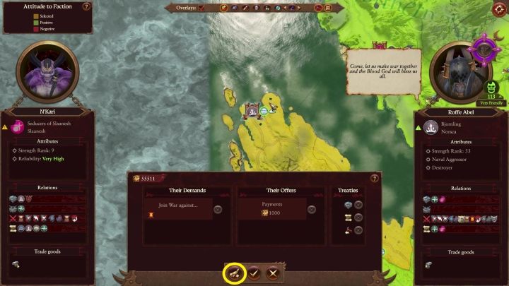 Aby złożyć kontrofertę wystarczy nacisnąć przycisk zaznaczony na górze - Total War Warhammer 3: Dyplomacja - Total War Warhammer 3 - poradnik do gry