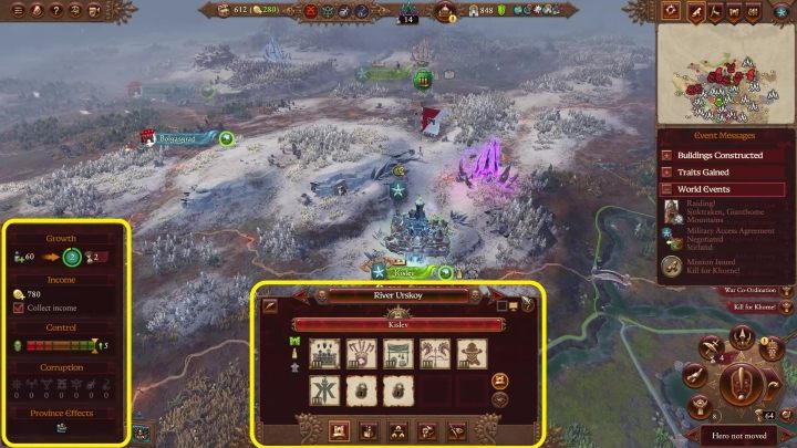 W centrum możecie zobaczyć informacje o prowincji/armii - budynkach, liczebności wojska/garnizonu itp - Total War Warhammer 3: Interfejs - Total War Warhammer 3 - poradnik do gry
