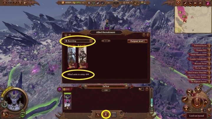 W celu najęcia oddziałów sojusznika naciśnijcie zaznaczony powyżej przycisk - Total War Warhammer 3: Armia - werbunek i uzupełnianie - Total War Warhammer 3 - poradnik do gry