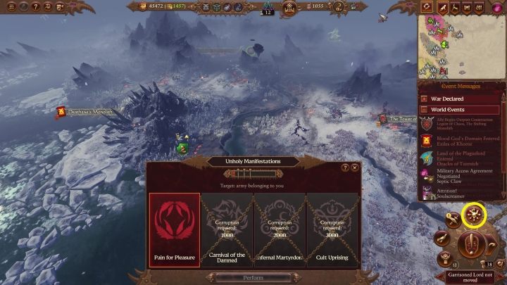 Piekielną Manifestację można wybrać ze znajdującego się w prawym dolnym rogu okrągłego menu - Total War Warhammer 3: Wielka Gra - Total War Warhammer 3 - poradnik do gry