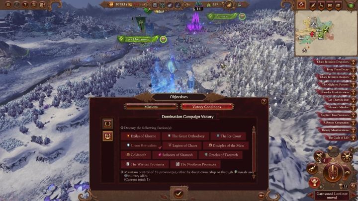 Jeżeli wybierzecie zakładkę Warunki zwycięstwa, to będziecie mogli obejrzeć cele kampanii oraz prześledzić jaki postęp macie w ich osiągnięciu - Total War Warhammer 3: Wytyczne, misje, warunki zwycięstwa - Total War Warhammer 3 - poradnik do gry