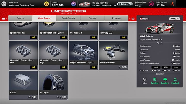 W przypadku dwóch wyścigów szutrowych obowiązkowe jest założenie opon szutrowych (Dirt Tyres), które dla przypomnienie znajdziecie w drugiej zakładce sklepu tuningowego (przykład na obrazku) - Gran Turismo 7: Kariera - Rozdziały / Menu 31-39, finał kampanii - Gran Turismo 7 - poradnik do gry