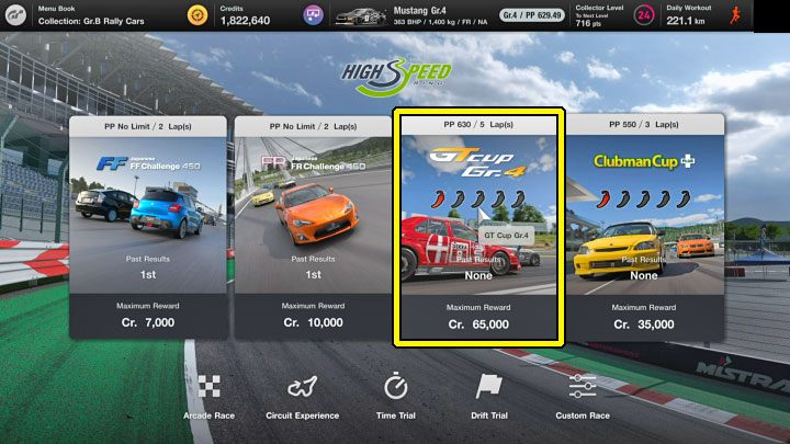 Na potrzeby opisywanej techniki grindu musicie zainteresować się wyścigiem GT Cup Gr - Gran Turismo 7: Grind i zarabianie kredytów - High Speed Ring - Gran Turismo 7 - poradnik do gry
