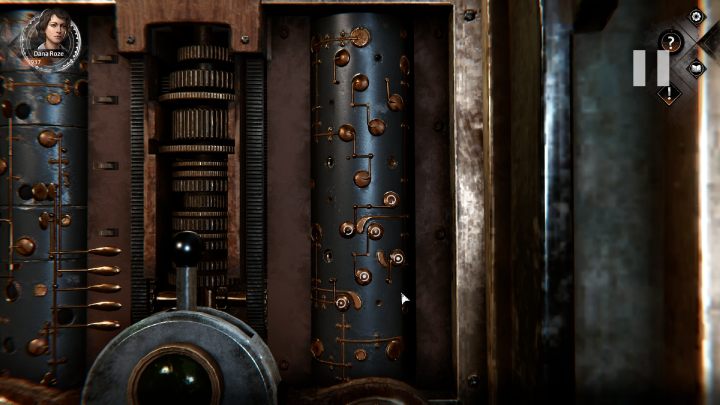 Zbadajcie mechanizm po prawej stronie i ułóżcie go odpowiednio według schematu, przekładając złote elementy we właściwe miejsca - Syberia The World Before: Vaghen - dzielnica muzyków, jesień 2005 (Vaghen - musician district, autumn 2005) - solucja, opis przejścia - Syberia The World Before - poradnik do gry