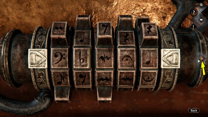 Ustawiając kombinację kodu miejcie na uwadze 2 ostatnie części zamka, które posiadają te same symbole na różnych elementach - Syberia The World Before: Vaghen - most Mgieł, jesień 2005 część 1 (Vaghen - bridge of Mists, autumn 2005 part 1) - solucja, opis przejścia - Syberia The World Before - poradnik do gry