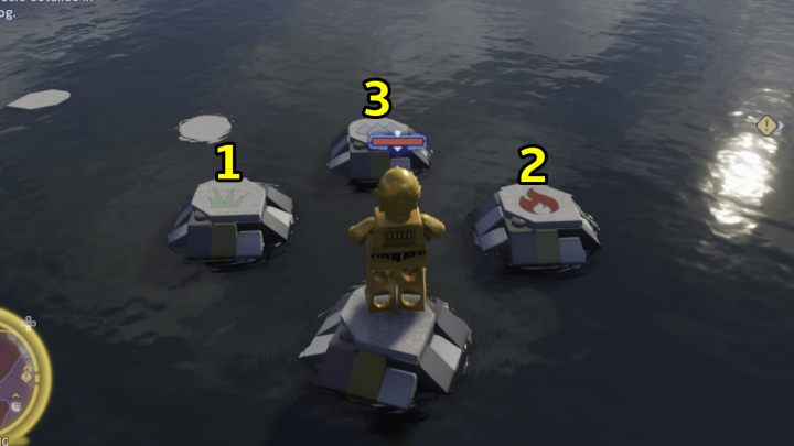 Gdy z wody wysuną się nowe kamienie, przeskoczcie po nich i wskoczcie kolejno na platformy z - LEGO Skywalker Saga: Jak kamień w wodę (Water Stones) - solucja, opis przejścia - LEGO Skywalker Saga - poradnik do gry