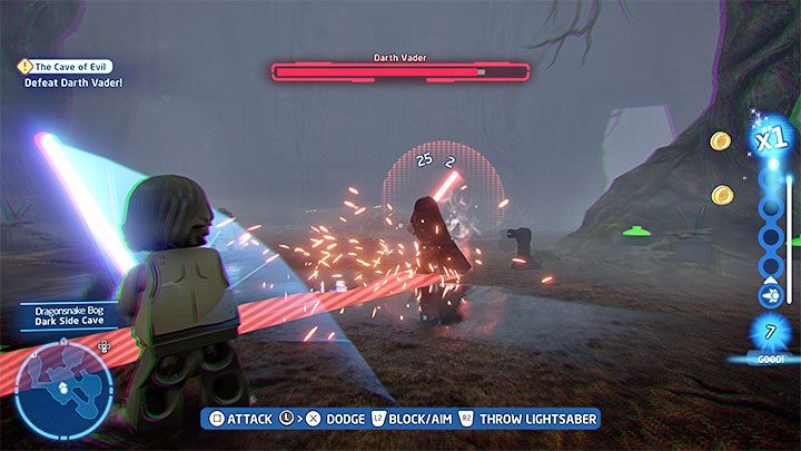 Oprócz atakowania Vadera reagujcie również na jego silniejsze ataki symbolizowane przez czerwone linie i okręgi - LEGO Skywalker Saga: Stacja hibernacja (Hibernation Station) - solucja, opis przejścia - LEGO Skywalker Saga - poradnik do gry