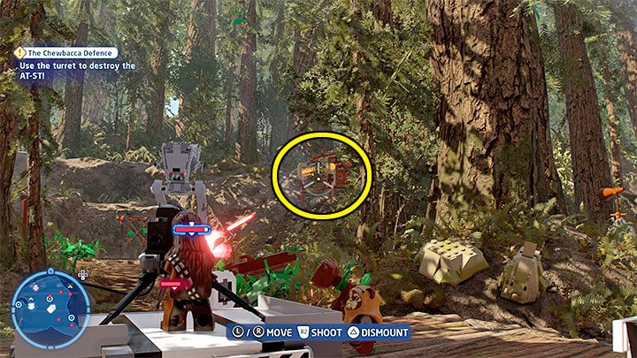 Docelowo dojdzie do zniszczenia wspomnianego stacjonarnego działka, ale musicie odbudować je docierając do podskakujących klocków - LEGO Skywalker Saga: Obrona Chewbacki (The Chewbacca Defence) - solucja, opis przejścia - LEGO Skywalker Saga - poradnik do gry