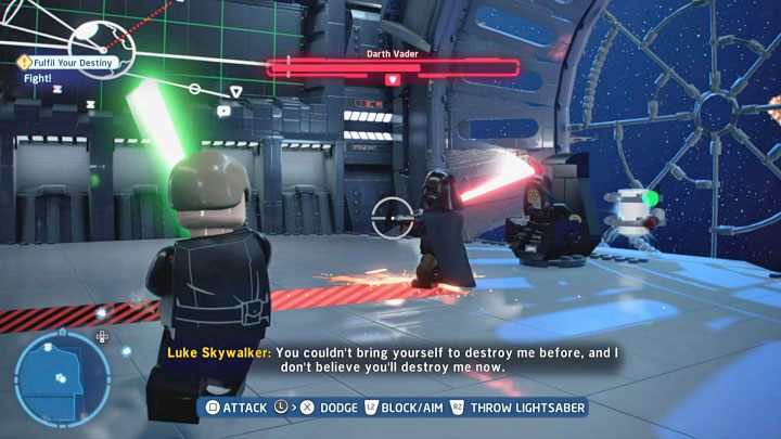 Rozpocznijcie od zaliczenia sceny z siłowania się na miecze świetlne - wymagane jest w niej mashowanie (szybkie wciskanie) wskazanego przycisku - LEGO Skywalker Saga: Darth Vader i Imperator Palpatine (Emperor Palpatine) - boss, jak pokonać? - LEGO Skywalker Saga - poradnik do gry