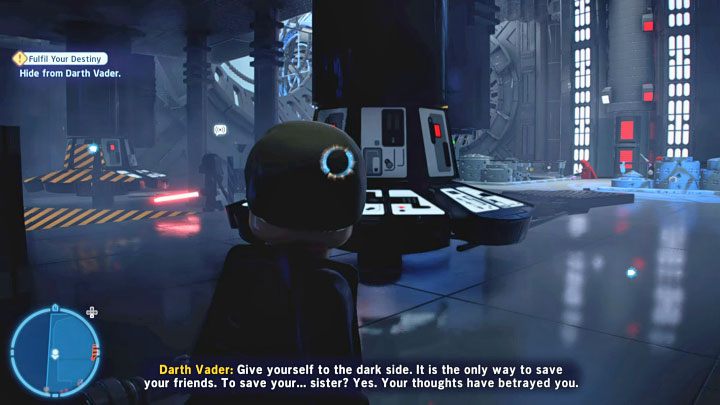 Znajdziecie się w ciemnym obszarze, z którego postarajcie się wyjść bez zbliżania się do stożka symbolizującego pole widzenia Vadera - LEGO Skywalker Saga: Darth Vader i Imperator Palpatine (Emperor Palpatine) - boss, jak pokonać? - LEGO Skywalker Saga - poradnik do gry