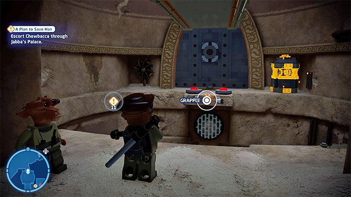 W kolejnym obszarze przyciągnijcie się do widocznego w oddali zaczepu i zniszczcie złoty obiekt po prawej stronie - LEGO Skywalker Saga: Plan, żeby uratowany został Han (A Plan to Save Han) - solucja, opis przejścia - LEGO Skywalker Saga - poradnik do gry
