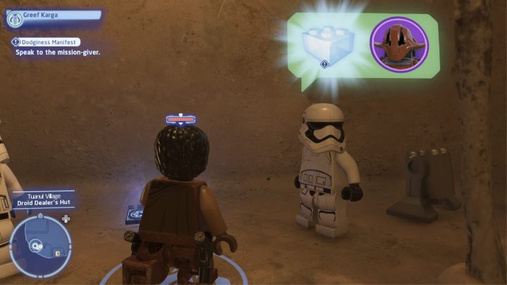 Sterując postacią Łotra, porozmawiajcie ze zleceniodawcą i przyjmijcie zadanie - LEGO Skywalker Saga: Przygody pełne podejrzeń (Dodginess Manifest) - solucja, opis przejścia - LEGO Skywalker Saga - poradnik do gry
