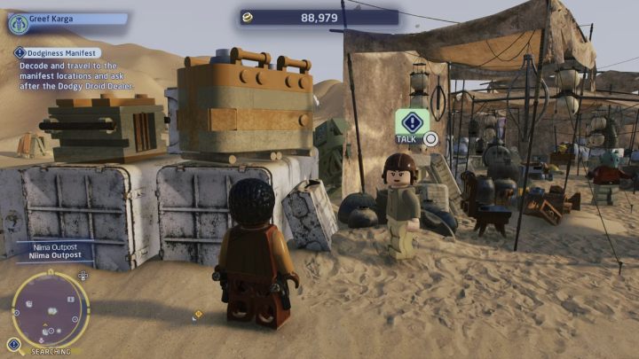 Wybierzcie się do osady Niima na planecie Jakku i porozmawiajcie z mieszkańcem stojącym niedaleko lądowiska - LEGO Skywalker Saga: Przygody pełne podejrzeń (Dodginess Manifest) - solucja, opis przejścia - LEGO Skywalker Saga - poradnik do gry