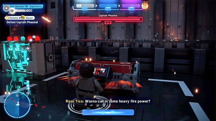 Pobiegnijcie Finnem w stronę prawej czerwonej skrzyni na broń - LEGO Skywalker Saga: Kapitan Phasma (Captain Phasma), epizod 8 - boss, jak pokonać? - LEGO Skywalker Saga - poradnik do gry