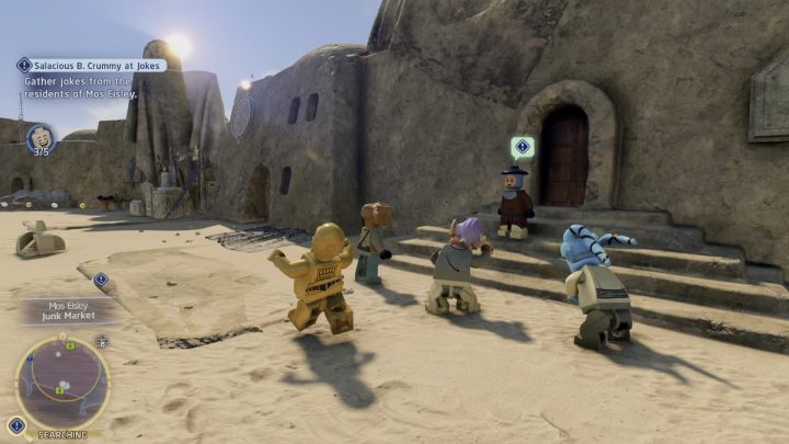 Czwartą osobą opowiadającą dowcip będzie kobieta stojąca na schodach w pobliżu marketu - LEGO Skywalker Saga: Kolekcjonowanie kawałów (Salacious B. Crummy at Jokes) - solucja, opis przejścia - LEGO Skywalker Saga - poradnik do gry