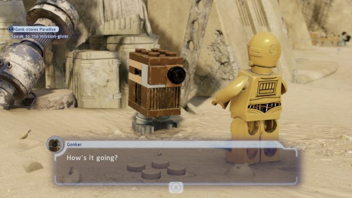 Sterując postacią droida protokolarnego porozmawiajcie ze zleceniodawcą w Mos Eisley - LEGO Skywalker Saga: Działalność gonkspodarcza (Gonk stores Paradise) - solucja, opis przejścia - LEGO Skywalker Saga - poradnik do gry