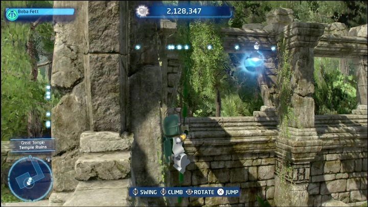 Ten klocek wisi pomiędzy ruinami, aby się do niego dostać musicie wspiąć się po lianie - LEGO Skywalker Saga: Wielka Świątynia - lista wszystkich łamigłówek - LEGO Skywalker Saga - poradnik do gry