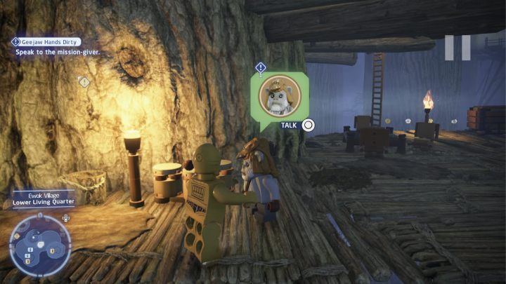 Sterując postacią droida protokolarnego, porozmawiajcie ze zleceniodawcą na niższym piętrze wioski ewoków - LEGO Skywalker Saga: Mam cię na oku kondorosmoku (Geejaw Hands Dirty) - solucja, opis przejścia - LEGO Skywalker Saga - poradnik do gry