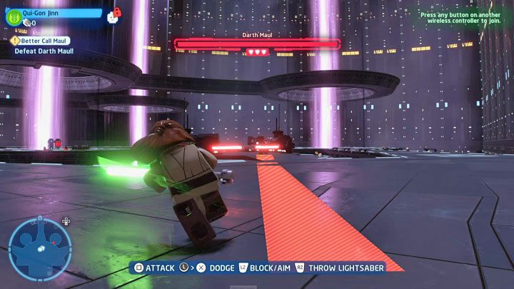 Ważnym elementem tego pojedynku jest unikanie silnych ataków Dartha Maula, które oznaczane są czerwonymi paskami - LEGO Skywalker Saga: Maul-y problem (Better Call Maul) - solucja, opis przejścia - LEGO Skywalker Saga - poradnik do gry