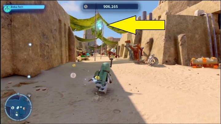 Klocek w zachodnio południowej części mapy wisi pomiędzy dwoma budynkami - LEGO Star Wars The Skywalker Saga: Mos Eisley - lista wszystkich łamigłówek - LEGO Skywalker Saga - poradnik do gry