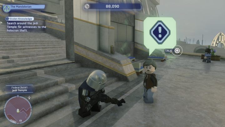 Porozmawiajcie z mężczyzną przy wyjściu ze świątyni Jedi i z kobietą stojącą niedaleko taksówki - LEGO Skywalker Saga: Skradziona wiedza (Stolen Knowledge) - solucja, opis przejścia - LEGO Skywalker Saga - poradnik do gry