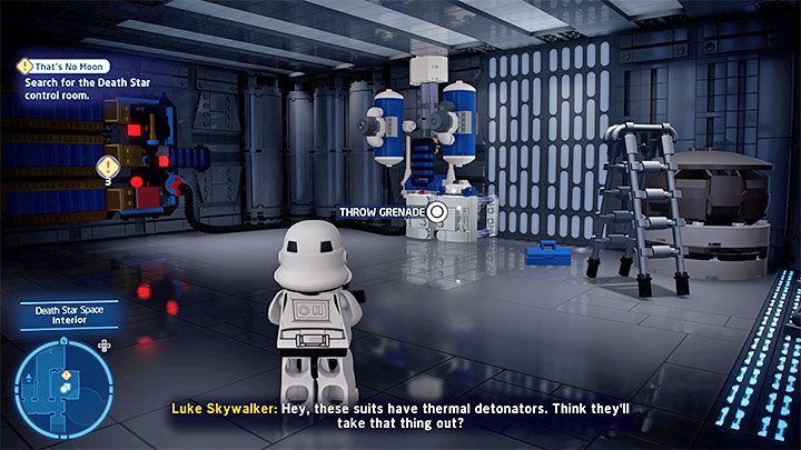 W nowym pomieszczeniu wykorzystajcie to, że używane stroje gwarantują Wam możliwość rzucania granatami - LEGO Skywalker Saga: Oca-lei-nie (Best Leiad Plans) - solucja, opis przejścia - LEGO Skywalker Saga - poradnik do gry