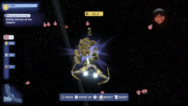 Próba polega na zestrzeleniu jak największej ilości celów w ciągu 70 sekund - LEGO Skywalker Saga: DQar - próby, solucja, opis przejścia - LEGO Skywalker Saga - poradnik do gry