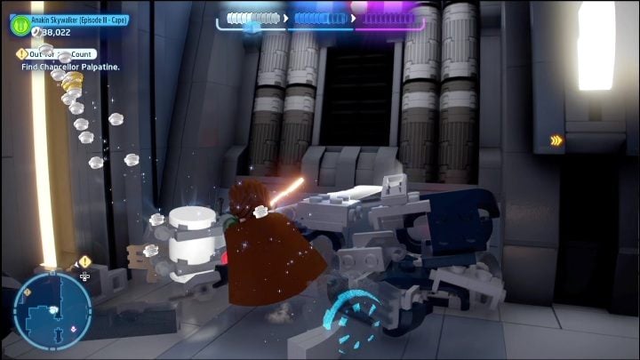 W trakcie tego etapu znajdziecie część chowającą się za niebieskimi obiektami - LEGO Skywalker Saga: Zemsta Sithów - lista znajdziek i nagrody - LEGO Skywalker Saga - poradnik do gry