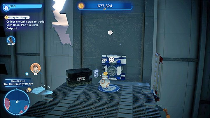 Zepchnijcie skrzynię z półki, na której wylądowaliście, zeskoczcie na dół i przystąpcie do budowania klocków - LEGO Skywalker Saga: Nisko latający złom (Low Flying Garbage) - solucja, opis przejścia - LEGO Skywalker Saga - poradnik do gry