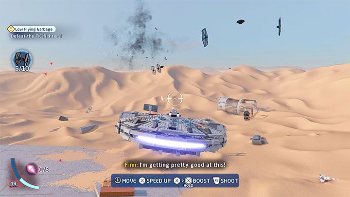 W pierwszej części misji musicie pokonać 3 grupy myśliwców TIE (TIE Fighter), które składają się kolejno z 7, 10 i 12 statków - LEGO Skywalker Saga: Nisko latający złom (Low Flying Garbage) - solucja, opis przejścia - LEGO Skywalker Saga - poradnik do gry