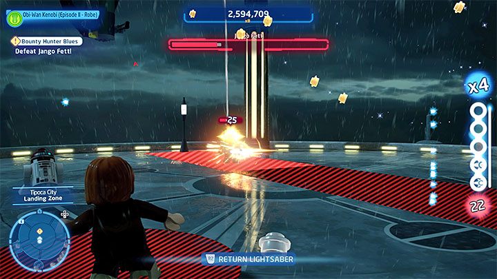 Podczas tej walki musicie uważać na ostrzał wrogiego statku oraz na rakiety wystrzeliwane przez Jango - LEGO Skywalker Saga: Łowy na Jango (The Hunt for Jango) - solucja, opis przejścia - LEGO Skywalker Saga - poradnik do gry