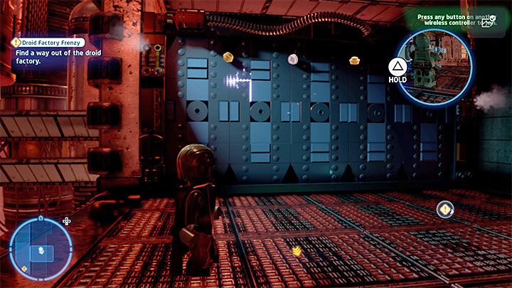 Przy nowym taśmociągu zainteresujcie się ścianą do wbicia miecza świetlnego grając Anakinem - pokazuje ją dołączony obrazek - LEGO Skywalker Saga: Fanaberie w fabryce droidów (Droid Factory Frenzy) - solucja, opis przejścia - LEGO Skywalker Saga - poradnik do gry