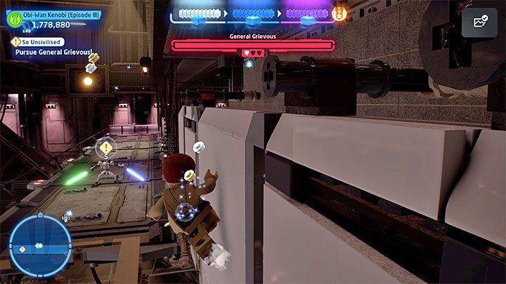 Grievous uszkodzi dużą część górnych balkoników, ale możecie poradzić sobie z tym problemem przebiegając po ścianie (Wall Run) - LEGO Skywalker Saga: Barbarzyństwo (So Uncivilised) - solucja, opis przejścia - LEGO Skywalker Saga - poradnik do gry