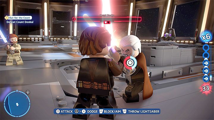 Będąc blisko wyczerpania każdego z kilku pasków zdrowia bossa musicie do niego podbiec żeby przystąpić do siłowania się - LEGO Skywalker Saga: Hrabia Dooku (Count Dooku), epizod 3 - boss, jak pokonać? - LEGO Skywalker Saga - poradnik do gry