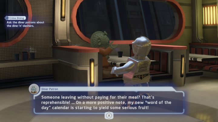 Przed rozmową z rodianinem (Rodian), zmieńcie postać na droida protokolarnego, który rozumie wszystkie obce języki i dialekty - LEGO Skywalker Saga: Kuchnia rabunkowa (Crime Dining) - solucja, opis przejścia - LEGO Skywalker Saga - poradnik do gry