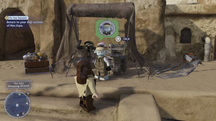 Porozmawiajcie z Odym Mandrellem w południowo wschodniej części dzielnicy handlowej Mos Espa - LEGO Skywalker Saga: Pieniężny protest pit droidów (For Pit-ys Sake) - solucja, opis przejścia - LEGO Skywalker Saga - poradnik do gry