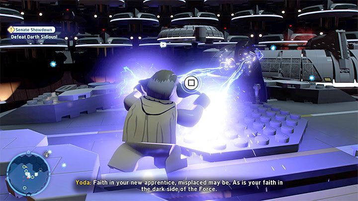 Po pozbawieniu bossa pierwszego z 4 pasków zdrowia zostaniecie przyciągnięci do niego i konieczne okaże się rozegranie sceny z siłowania się z użyciem Mocy - LEGO Skywalker Saga: Starcie w senacie (Senate Showdown) - solucja, opis przejścia - LEGO Skywalker Saga - poradnik do gry