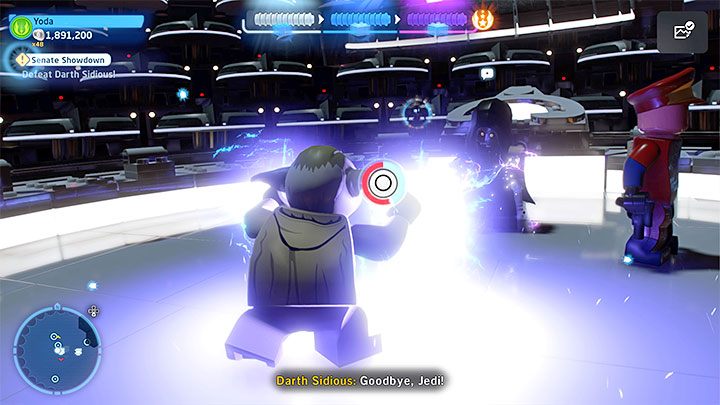 Pojedynek z bossem zakończy scena siłowania się, która ma identyczne założenia do wcześniej rozgrywanej - wciskajcie rytmicznie widoczny na ekranie przycisk - LEGO Skywalker Saga: Starcie w senacie (Senate Showdown) - solucja, opis przejścia - LEGO Skywalker Saga - poradnik do gry