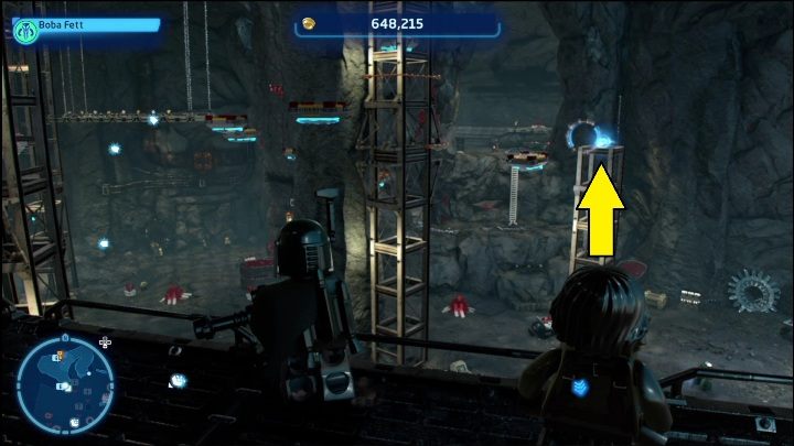 Dotarcie do tego klocka wymaga skakania po platformach i poruszania się po pomarańczowych drążkach - LEGO Star Wars The Skywalker Saga: Placówka Crait - lista wszystkich łamigłówek - LEGO Skywalker Saga - poradnik do gry