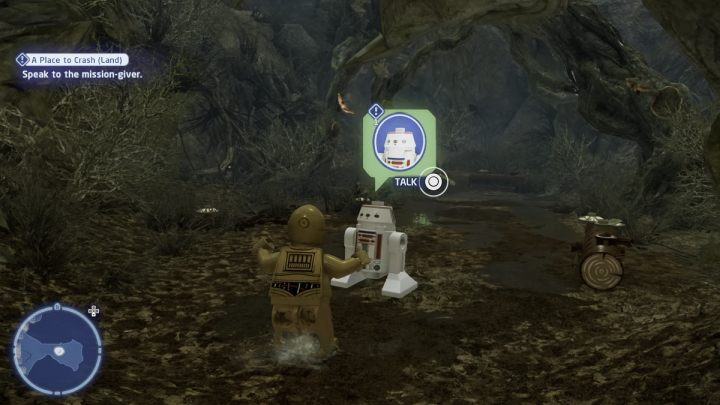 Sterując droidem protokolarnym, porozmawiajcie ze zleceniodawcą na bagnie smokowęża na planecie Dagobah - LEGO Skywalker Saga: Miejsce na rozbicie obozu (A Place to Crash Land) - solucja, opis przejścia - LEGO Skywalker Saga - poradnik do gry